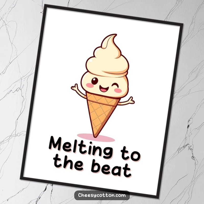 Funny kawaii ice cream cone performing a joyful dance, displayed as a colorful poster for cheerful wall art.
