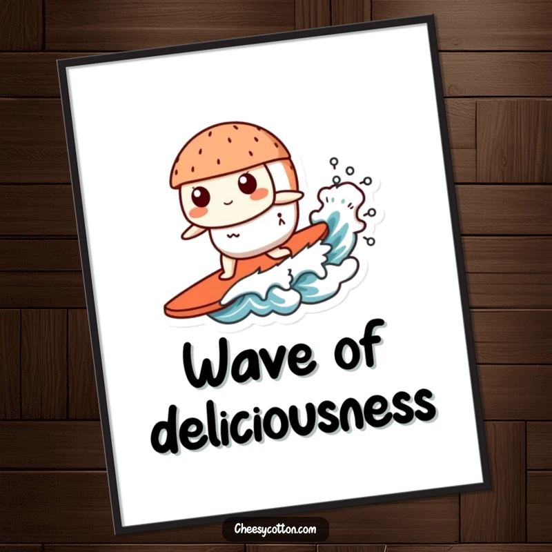 Funny Kawaii Sushi Poster: A delightful illustration of a cute kawaii sushi character expertly surfing a small, dynamic wave.