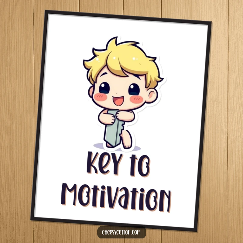 Funny poster art of a happy key character cheerfully turning itself, symbolizing joy and the opening of new possibilities.