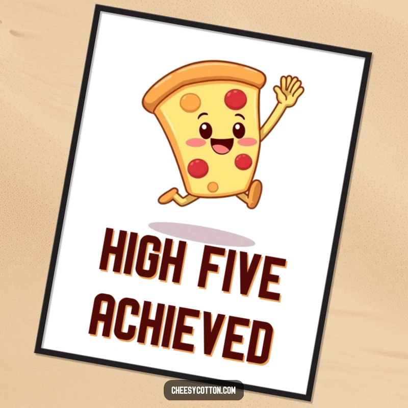 Funny smiling pizza slice character leaping for a high five, presented as vibrant wall art, a humorous decoration.