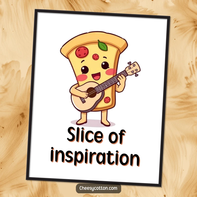 Funny poster of a cute pizza slice character happily playing a ukulele, adding a touch of musical charm and deliciousness.