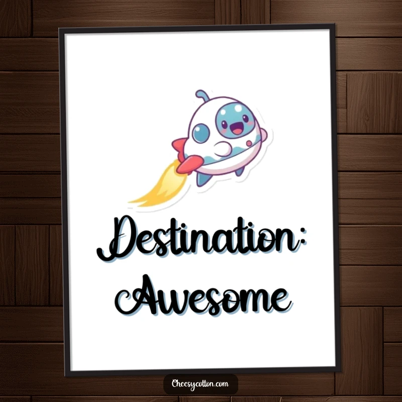 Funny poster art of a tiny, excited spaceship character leaving a sparkly trail, bringing cosmic joy and humor to wall decor.