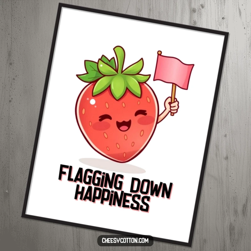 Funny poster depicting a cute strawberry character energetically waving a small flag, creating a vibrant and joyful atmosphere. Great wall decor.