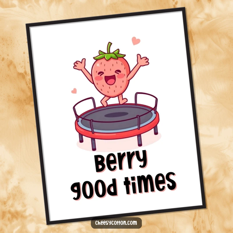 Funny strawberry character depicted in a dynamic, hilarious jump on a trampoline, creating vibrant wall art.