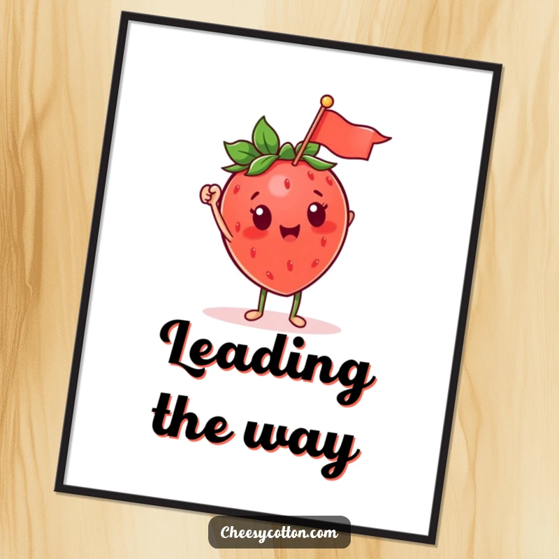 Funny, cute strawberry character enthusiastically waving a small flag, presented as cheerful wall art, a humorous decoration.