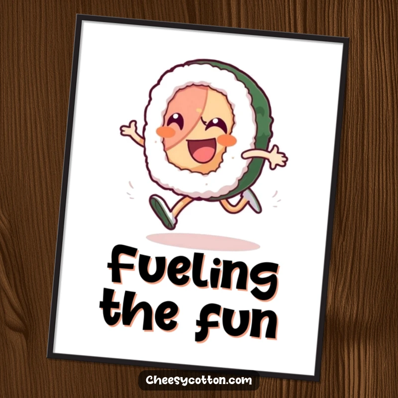 Funny sushi roll character captured in a dynamic high-knee run with extreme happiness, making a lively funny poster.