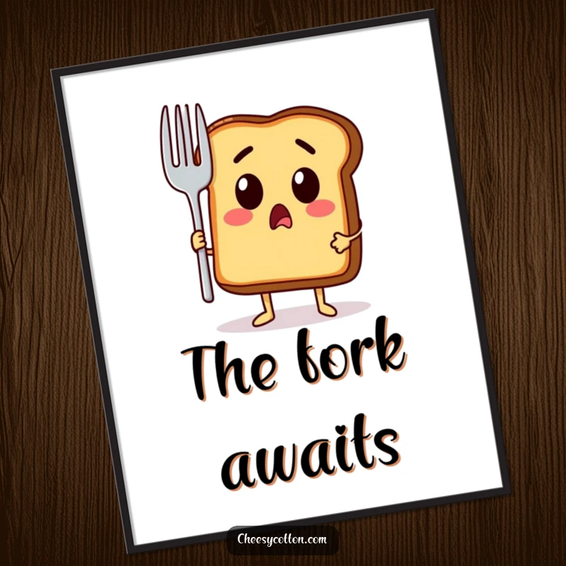 Funny poster of a surprised toast character holding a giant fork, capturing a moment of breakfast bewilderment with artistic flair.