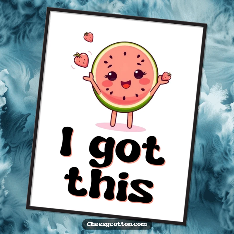 Funny poster print of a delighted watermelon slice character in mid-juggle with tiny fruits, a cheerful and vibrant wall decoration.