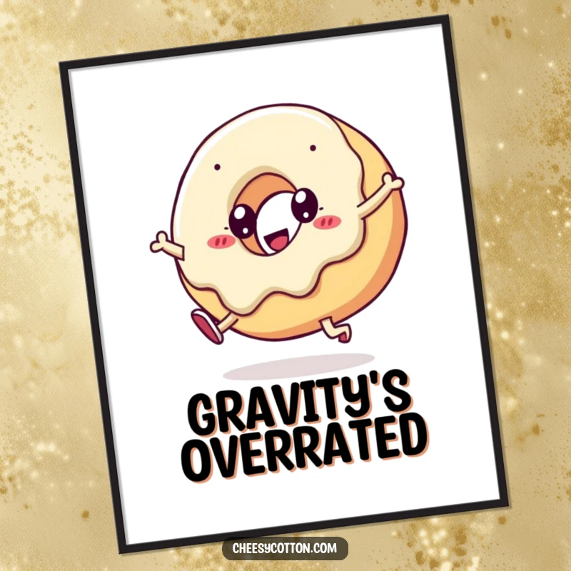 Funny kawaii doughnut performing an energetic cartwheel, presented as a vibrant poster to add humorous wall art.