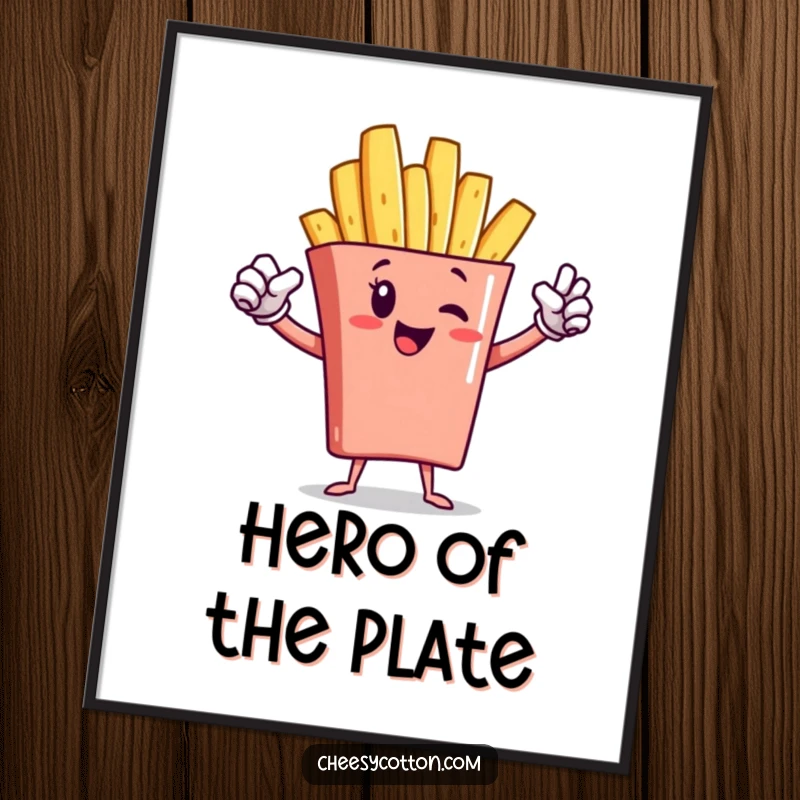 Funny french fry character striking a superhero pose, depicted as epic wall art, a humorous and motivational decoration.