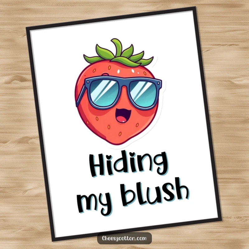 Funny poster print of a surprised strawberry laughing heartily, wearing oversized sunglasses, adding humorous wall art vibes.