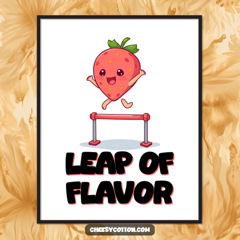Funny poster art of a kawaii strawberry character leaping joyfully over a small hurdle, capturing sweet determination.