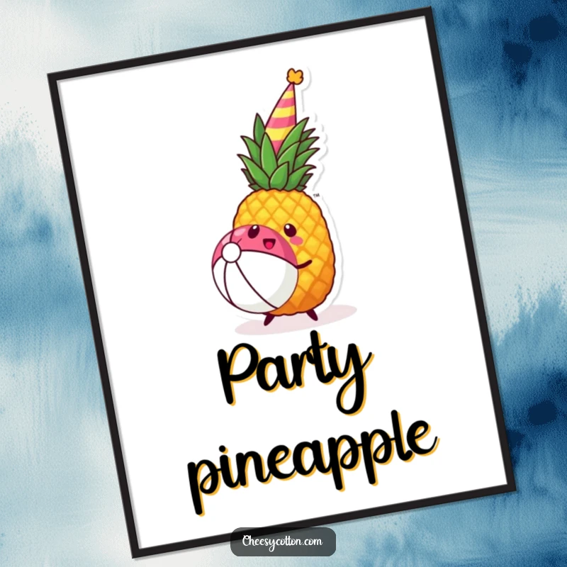Funny kawaii pineapple wearing a party hat joyfully bouncing a beach ball, vibrant wall art poster.
