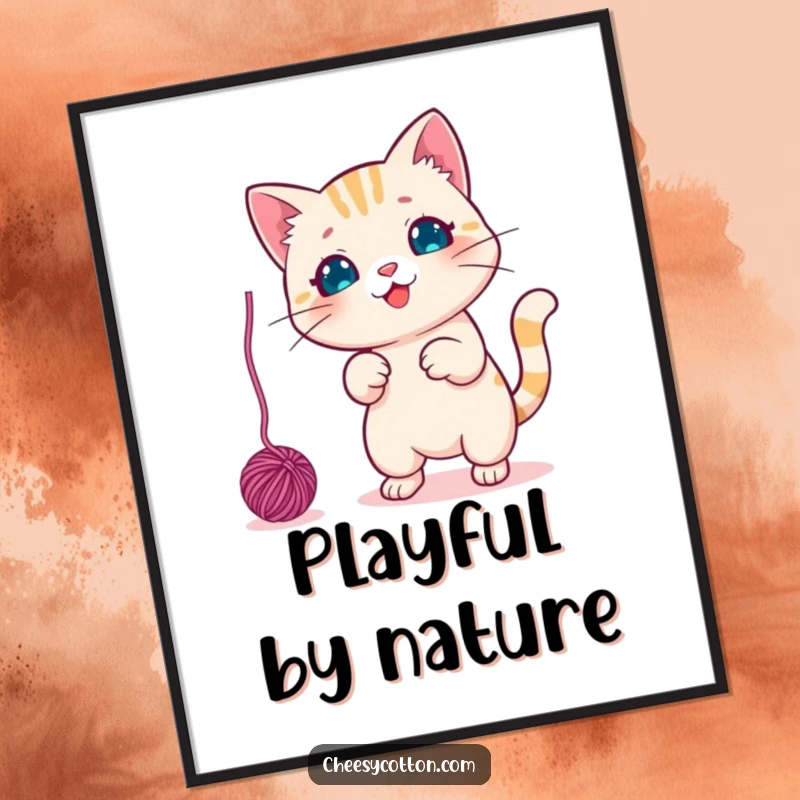 Funny Poster of a cute kawaii cat character playfully swatting a dangling yarn ball, adding a touch of whimsical decor.