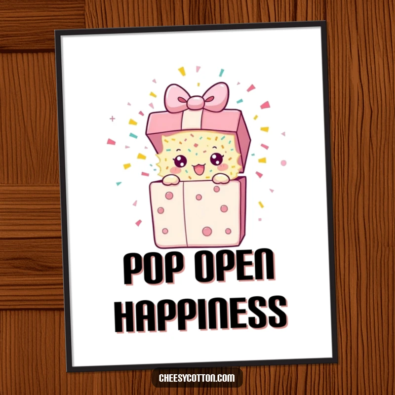 Funny Poster featuring a present character mid-explosion, spewing colorful confetti, creating a lively and humorous atmosphere.