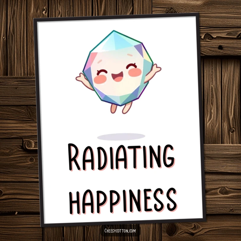 Funny poster art of a cute, giggling gemstone character bouncing with pure joy, adding vibrant and humorous decor.