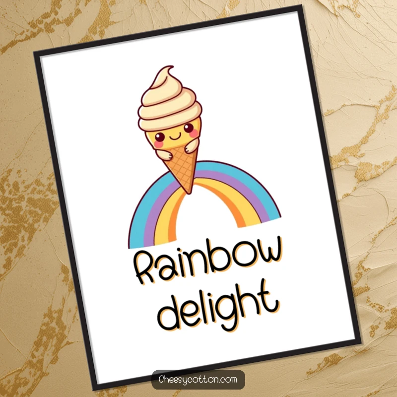 Funny Kawaii Ice Cream Poster: A delightful illustration of a cheerful kawaii ice cream cone character sliding down a colorful rainbow.