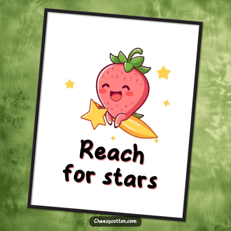 Funny poster art of a cheerful strawberry character, excitedly riding a shooting star, capturing a moment of pure wonder.
