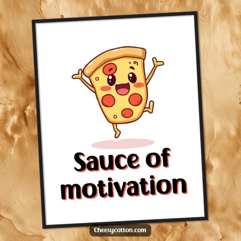 Funny poster art of a cheerful pizza slice character doing a cartwheel, bringing playful energy and humor to wall decor.