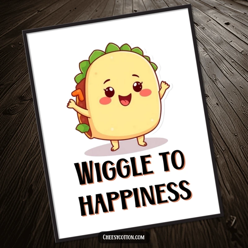 Funny poster of a happy taco character doing a silly dance, its filling jiggling vibrantly, adding cheerful Mexican food vibes.