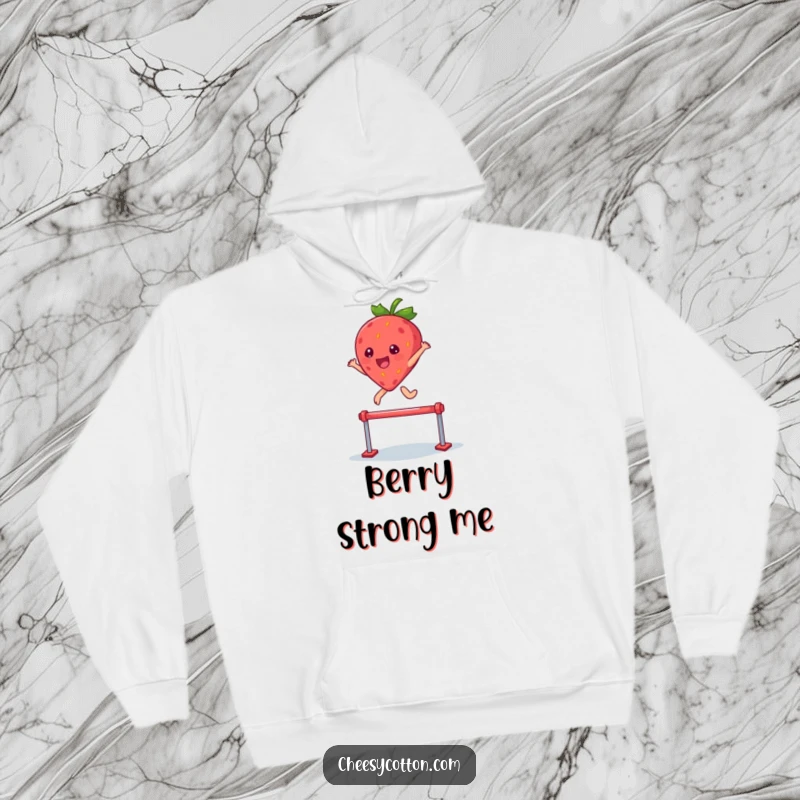 Funny hoodie illustration of a kawaii strawberry character leaping joyfully over a hurdle, embodying sweet perseverance.