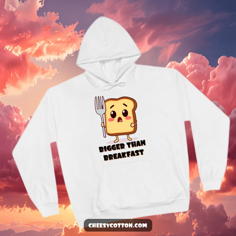 Funny hoodie featuring a surprised toast character with a giant fork, embodying shock and readiness for a hearty meal.