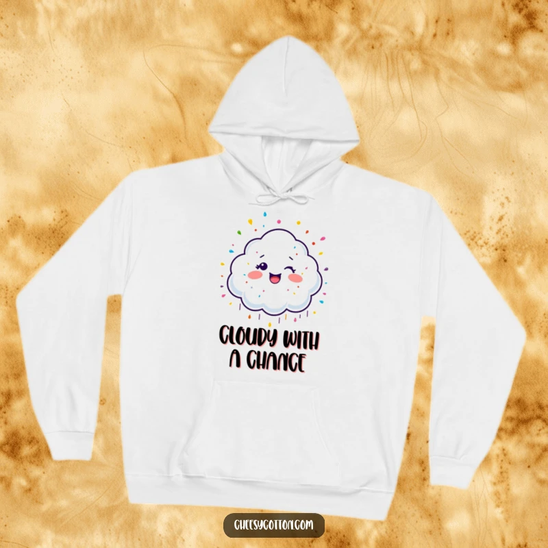 Funny Hoodie featuring a giggling cloud character raining down a cascade of colorful sprinkles, offering cozy comfort and cheerful vibes.