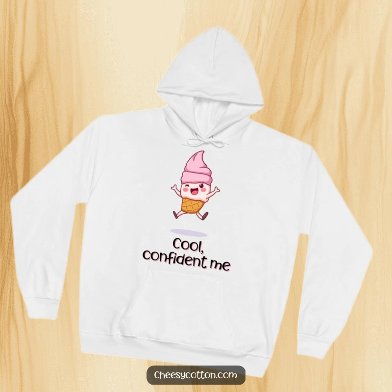 Funny ice cream cone character doing a cartwheel on a comfortable hoodie, combining warmth with playful design.