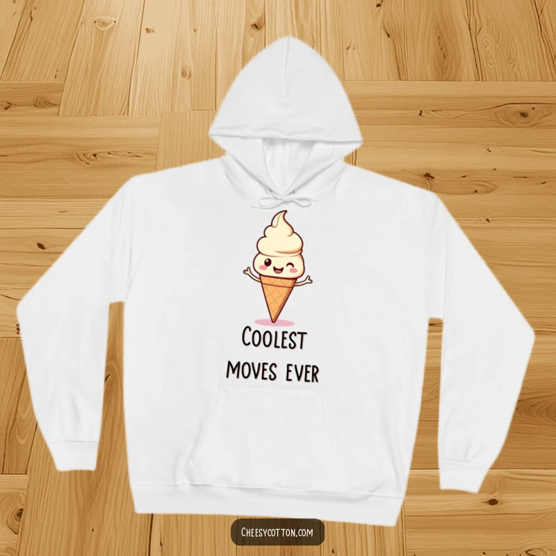 Funny kawaii ice cream cone in a silly dance pose on a warm, comfortable hoodie, perfect for cozy fun.