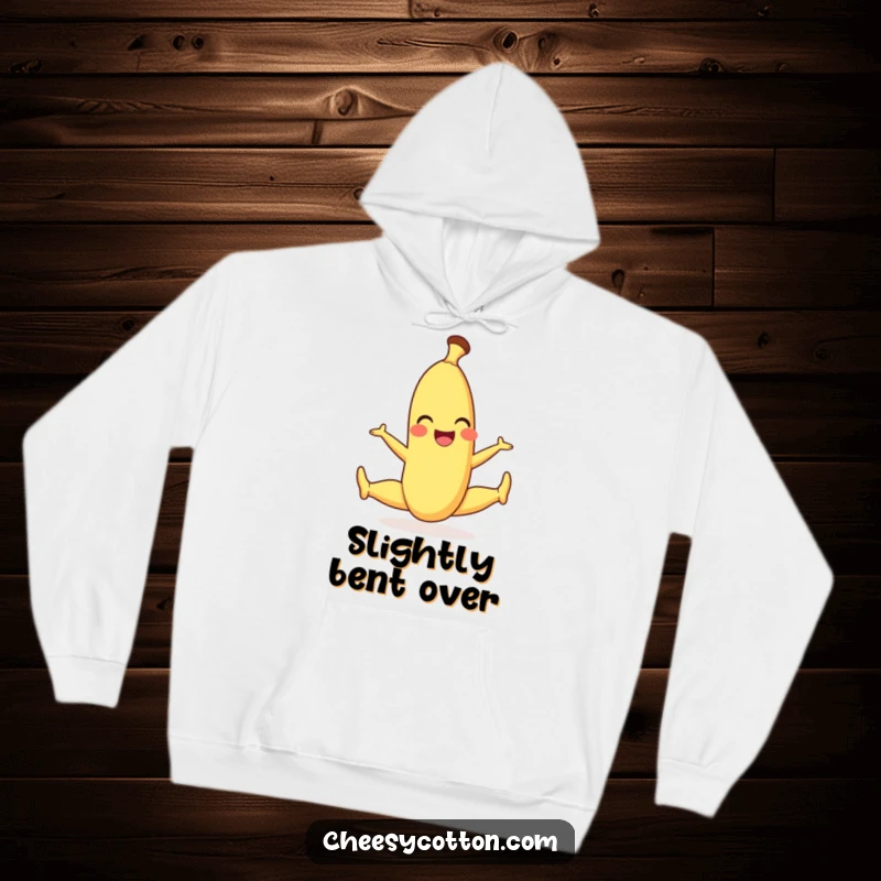 Funny hoodie featuring a smiling banana character in a dynamic, playful split, embodying comfort and cheer.