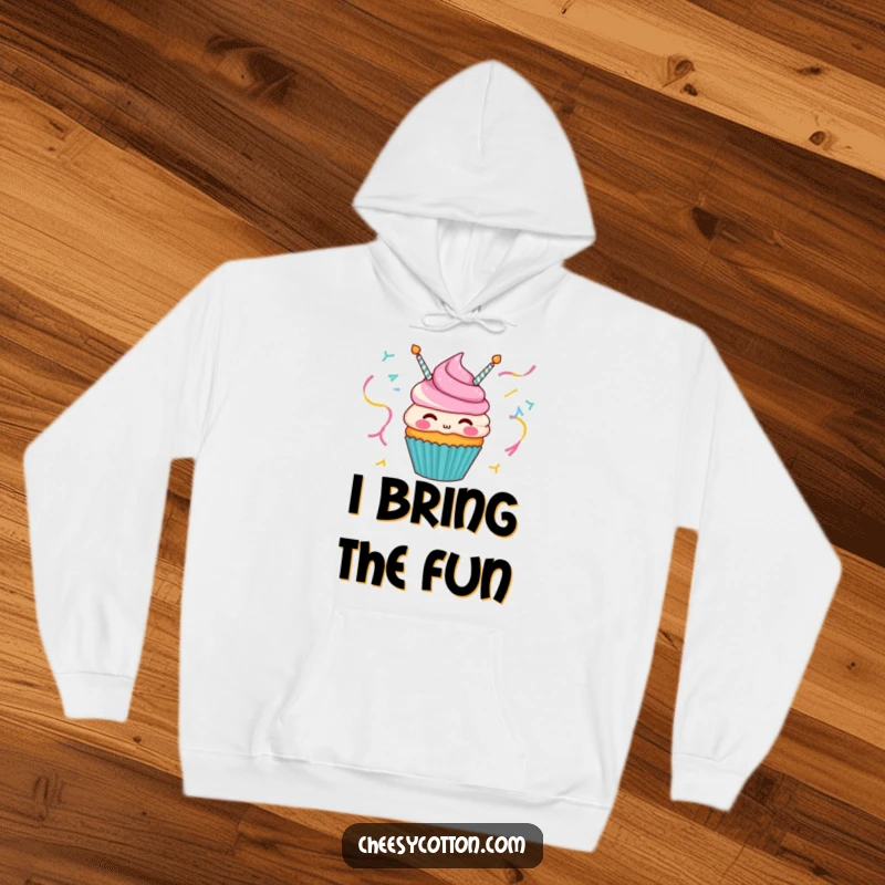 Funny hoodie showcasing a happy cupcake character joyfully blowing party streamers, perfect for cozy celebrations.