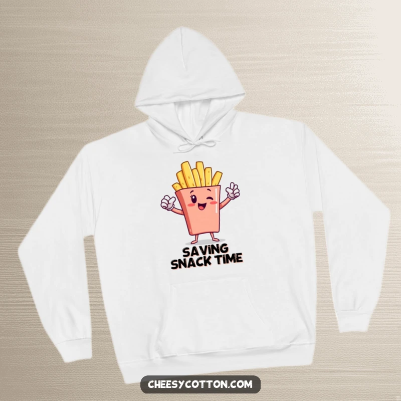 Funny french fry character striking a superhero pose on a comfortable hoodie, blending warmth with heroic charm.