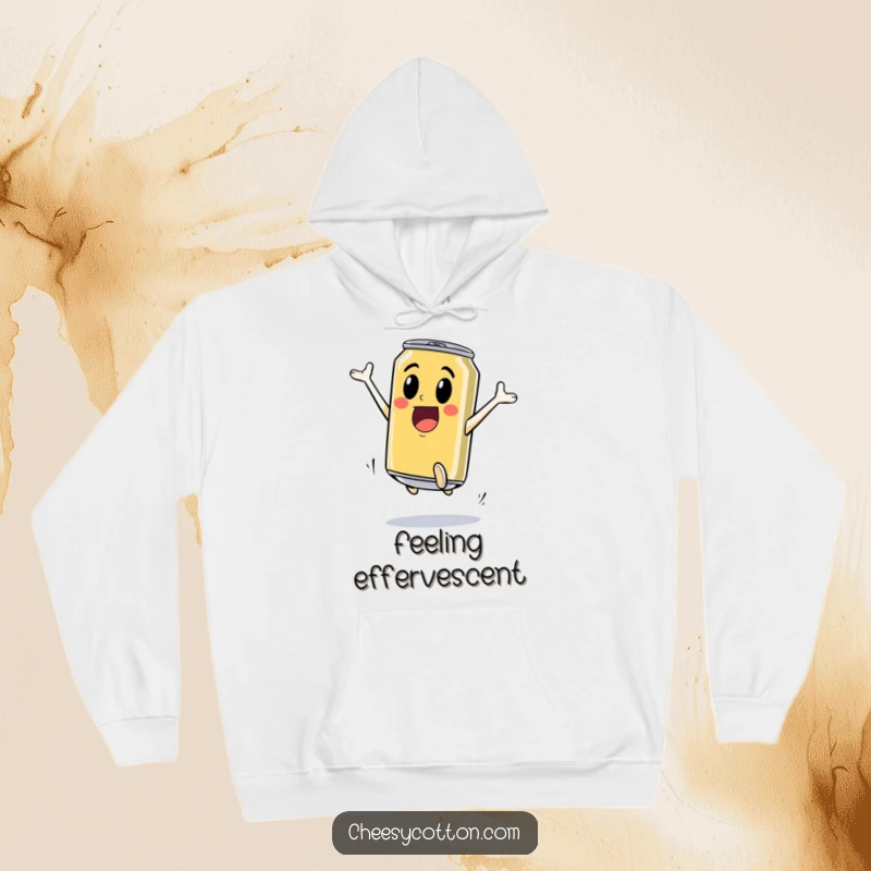 Funny Hoodie: An excited soda can leaping high provides cozy warmth and energetic, fizzy fun, perfect for active relaxation.
