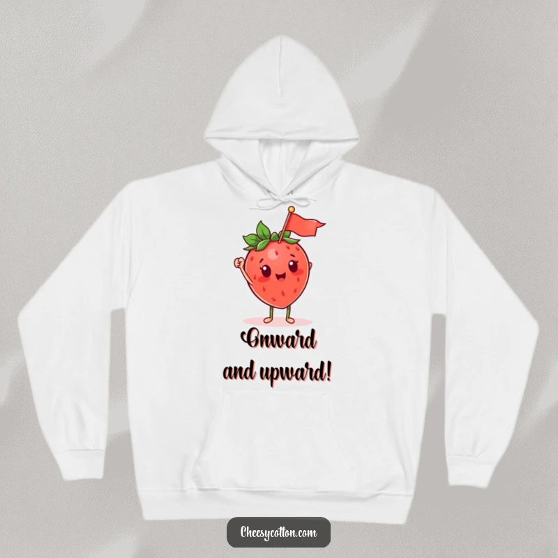 Funny strawberry character waving a small flag on a soft hoodie, combining warmth with cheerful design.