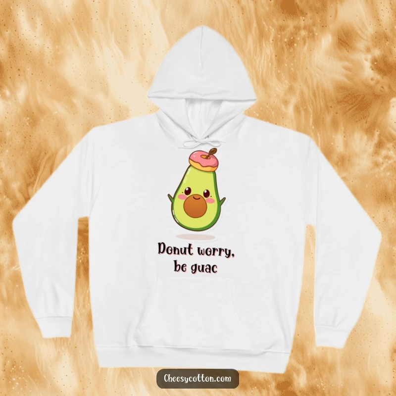 Funny Avocado Donut Hoodie: A warm hoodie depicting a happy avocado balancing a delicious donut on its head.