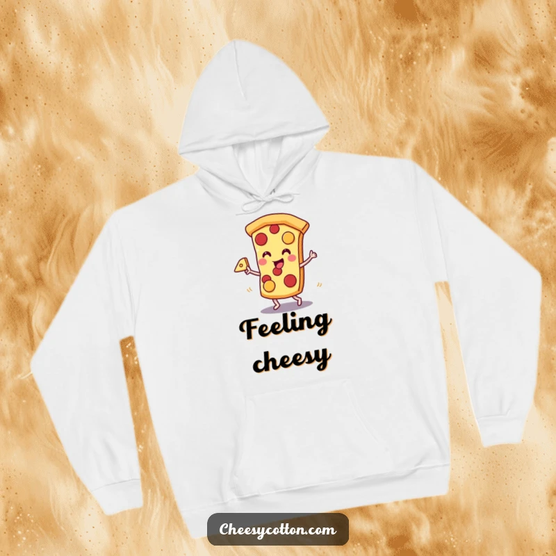 Funny kawaii pizza slice character dancing energetically with cheese, featured on a cozy hoodie, a sweet funny gift.