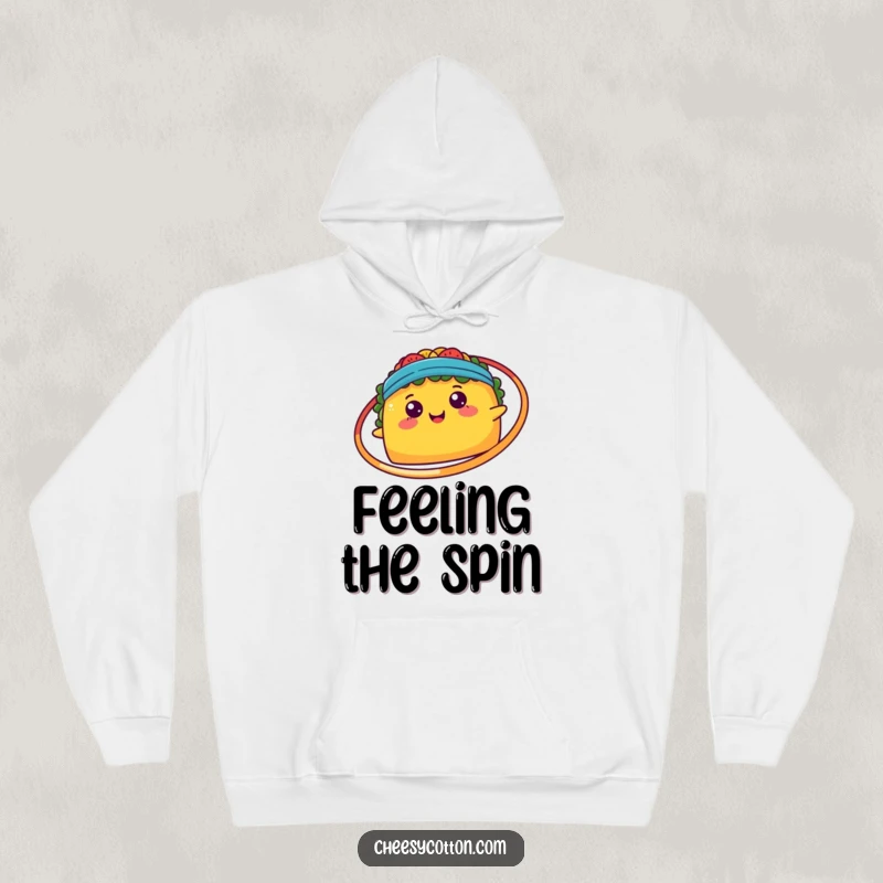 Funny, happy kawaii taco playfully spinning a hula hoop around itself, featured on a warm, cozy hoodie.