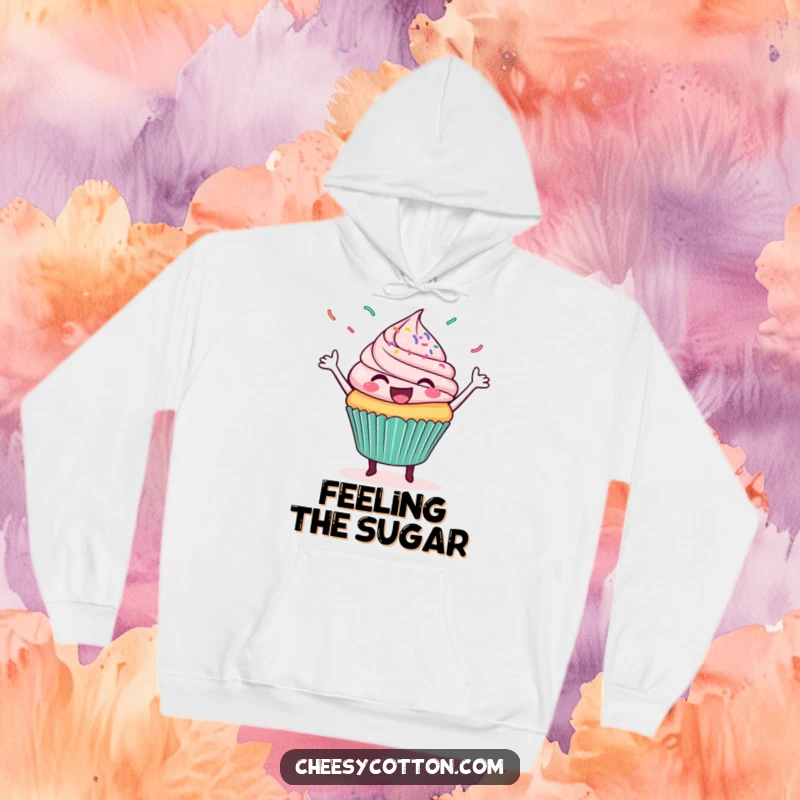 Funny hoodie design of a cheerful cupcake doing a lively dance with a cascade of sprinkles flying happily.