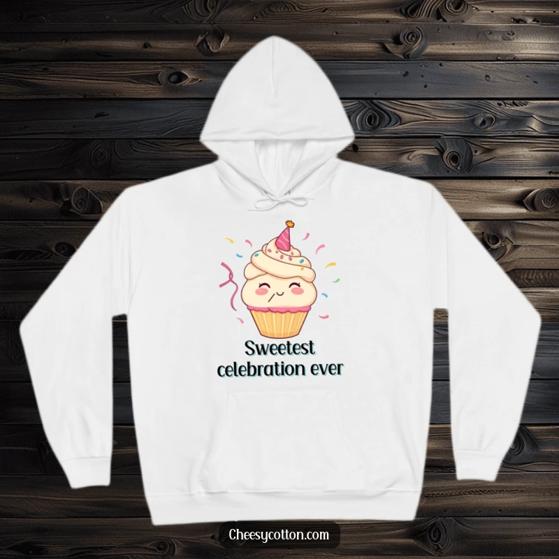 Funny hoodie featuring a cheerful cupcake character enthusiastically blowing colorful party streamers, embodying festive fun and warmth.