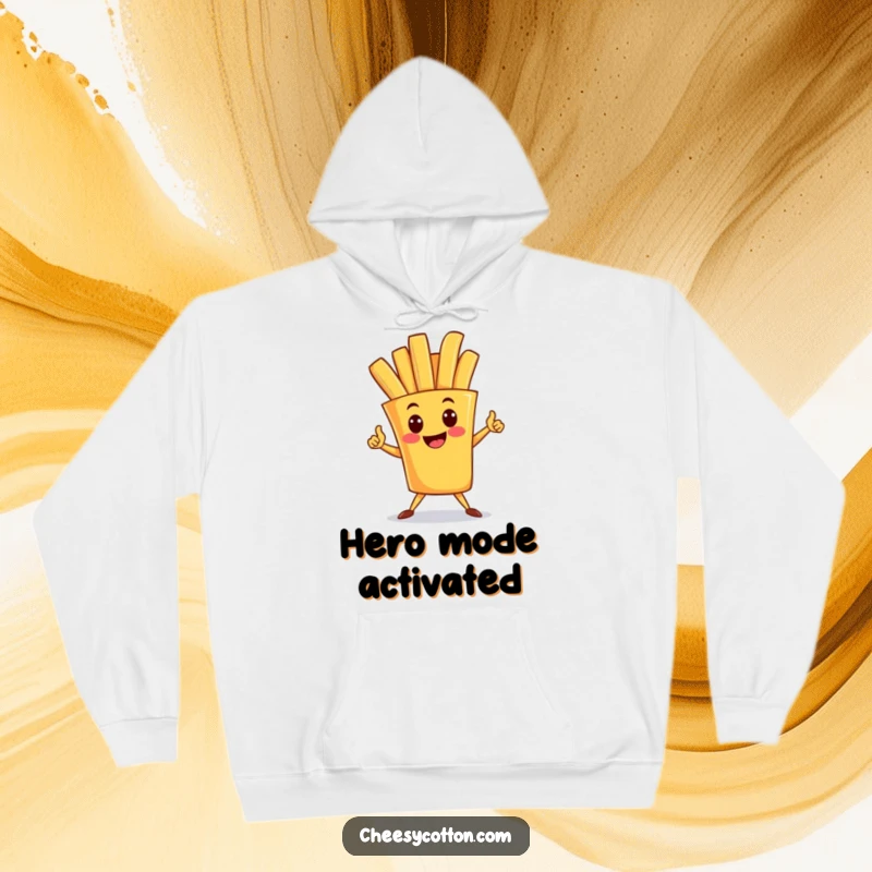 Funny hoodie featuring a happy french fry character striking a superhero pose, combining warmth with a heroic and playful spirit.