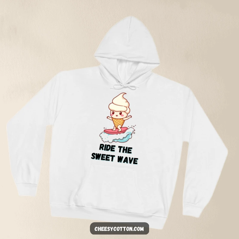 Funny ice cream cone surfing a candy wave, a cozy and humorous hoodie for dessert and surf enthusiasts.