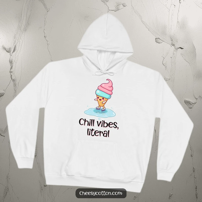 Funny Hoodie featuring a playful ice cream cone character comically ice skating on a puddle, radiating determination and humor.