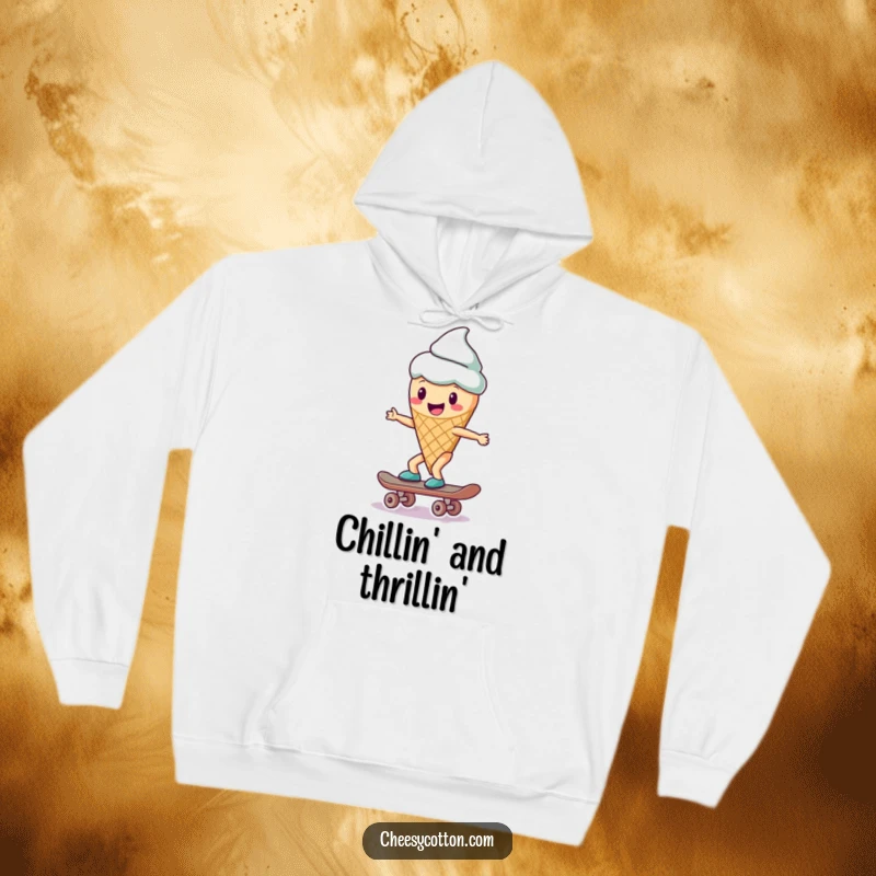 Funny ice cream cone character on a skateboard, featured on a comfortable hoodie for a humorous and cool feel.
