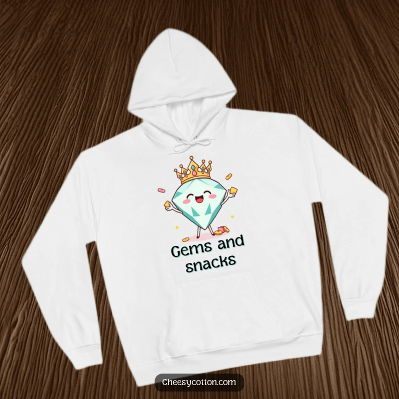 Funny diamond character in a crown tossing snacks, a cozy and humorous hoodie for glamorous celebrations.
