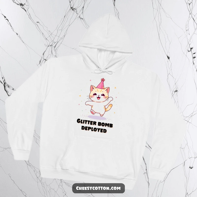 Funny hoodie showcasing a Kawaii cat in a party hat, joyfully leaping through a magical shower of glitter, adding cozy charm.