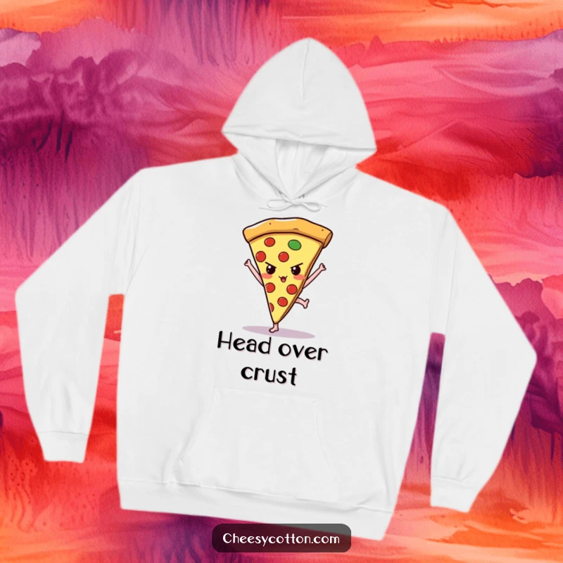Funny kawaii pizza slice in a handstand pose on a warm, comfortable hoodie, perfect for cozy motivation.