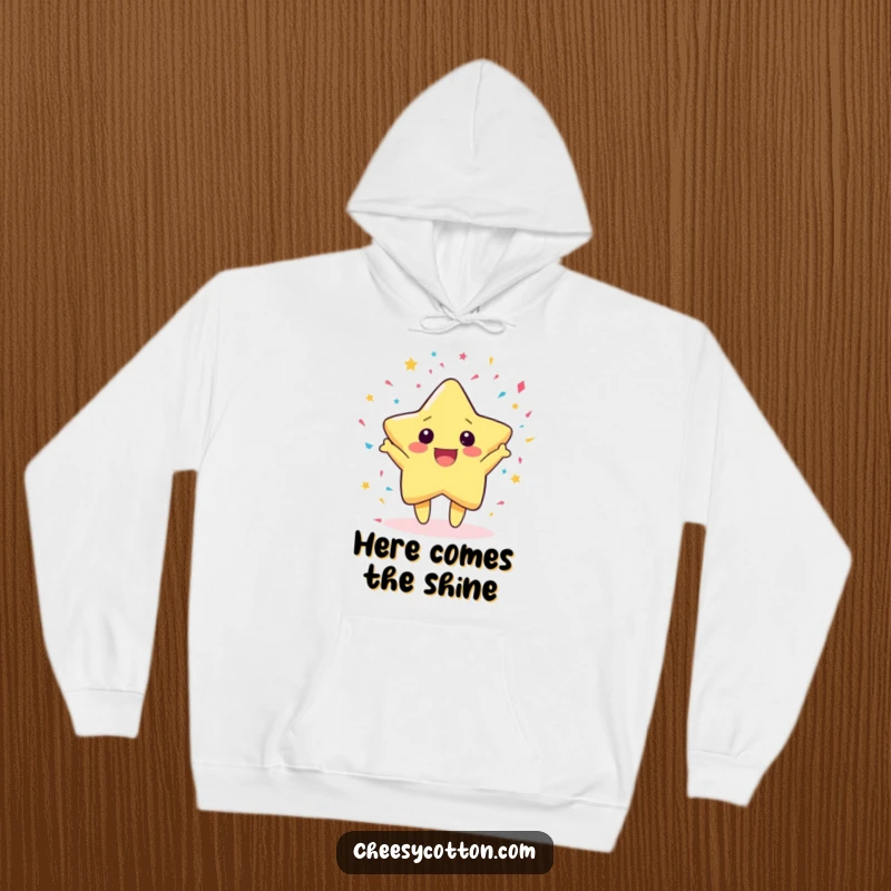 Funny Hoodie featuring a cute kawaii star character gleefully scattering confetti, designed for comfort and festive vibes.