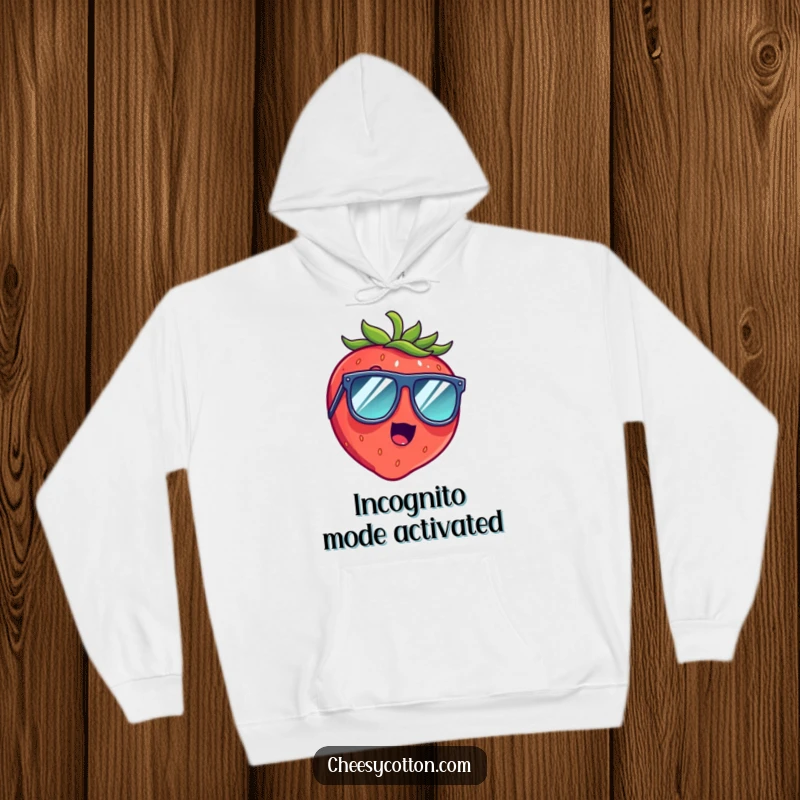 Funny hoodie with a surprised, giggling strawberry character wearing large, fashionable sunglasses, perfect for cozy laughs.