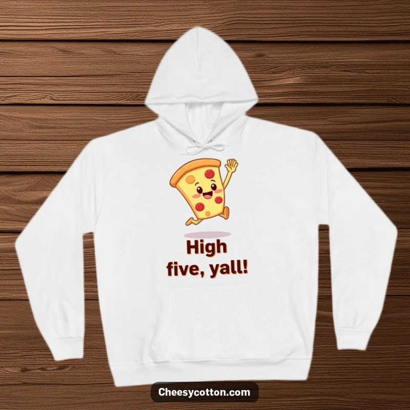Funny pizza slice character leaping for a high five on a comfortable hoodie, perfect for cozying up.