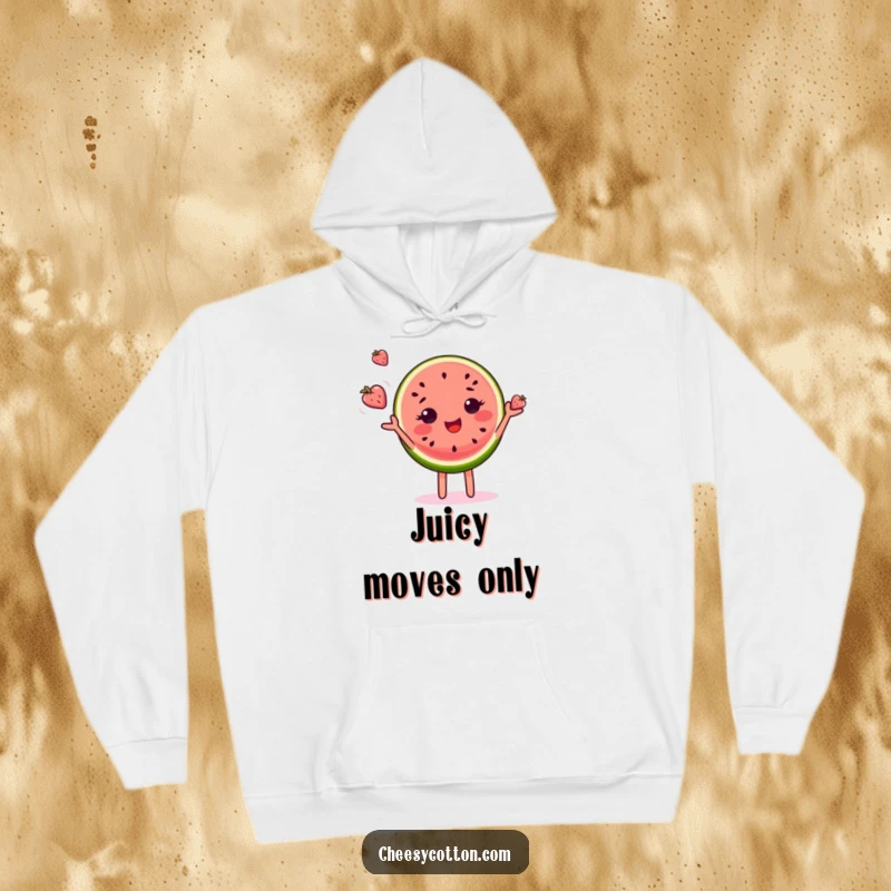 Funny hoodie with a delighted watermelon slice character in the act of confidently juggling tiny fruits, radiating happiness.